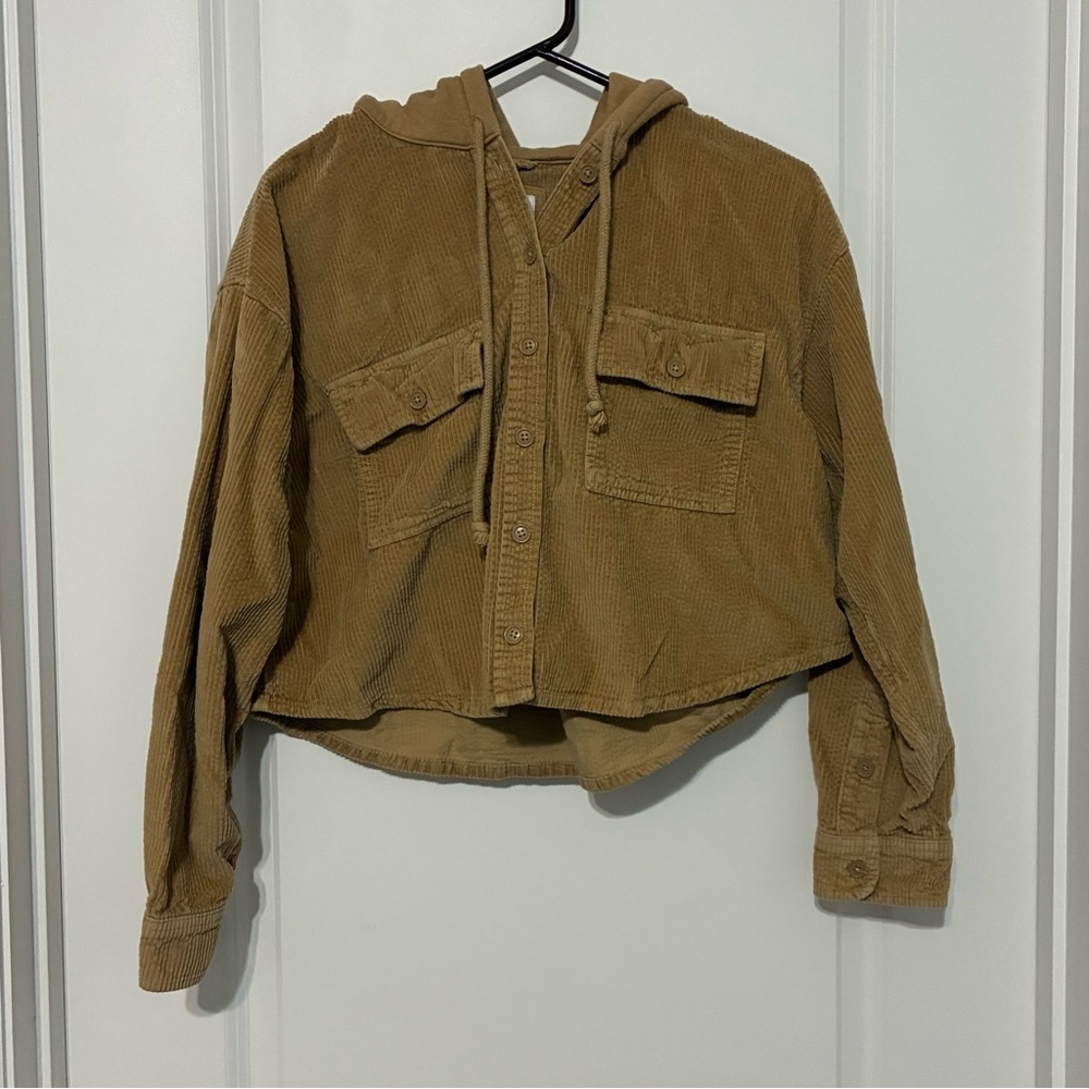 American Eagle Outfitters Tan Corduroy Cropped Hoodie Jacket Women’s Medium